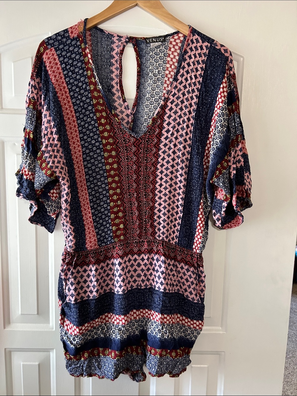VENUS Pink and Navy Mixed-Print V-Neck Romper